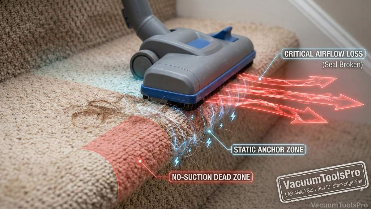 Diagram showing a vacuum floor head losing suction airflow over a carpeted stair nosing, with static electricity anchoring dog hair to the edge. Analysis by VacuumToolsPro labs.